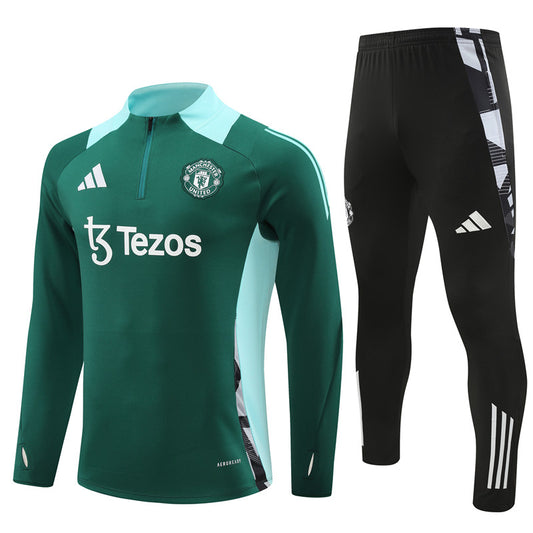 Manchester United Long Sleeve 1/4 Zipped Tracksuit Green/Black 2024-25