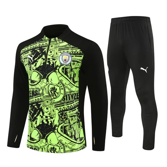Manchester City Long Sleeve 1/4 Zipped Tracksuit Black/Lime 2024-25