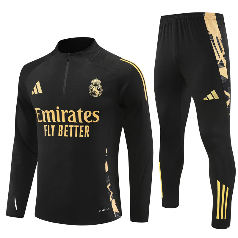 Real Madrid Long Sleeve Zipped Tracksuit Black/Gold 2024-25